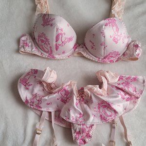 Victoria Secret pink mermaid lingerie garter set 34B small